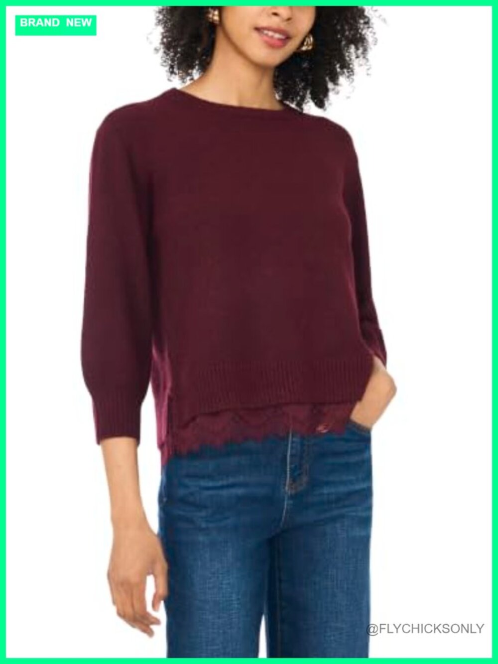 Crew Neck Sweater with Lace Hem 3/4 Sleeve Pullover